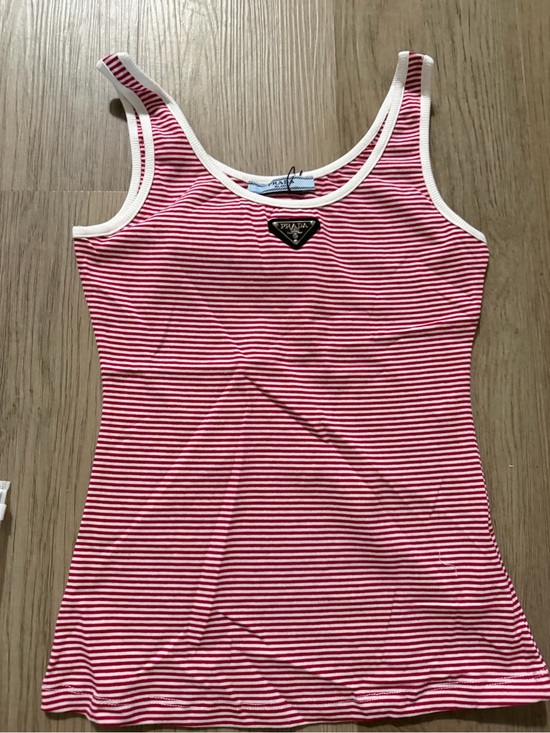 Prada Tops - Prada Red and White Striped Sleeveless Top with Triangle Logo